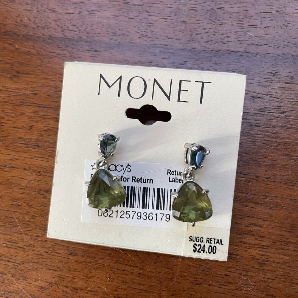 Monet Drop Earrings with Faceted Stones in Blue and Olive Green.